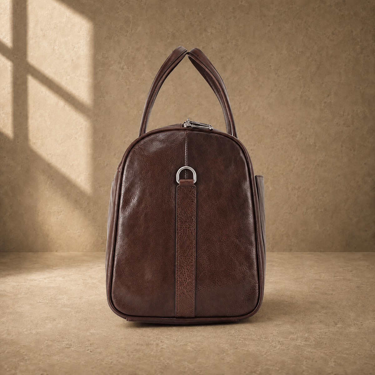 Coffee-brown executive travel duffel, side profile