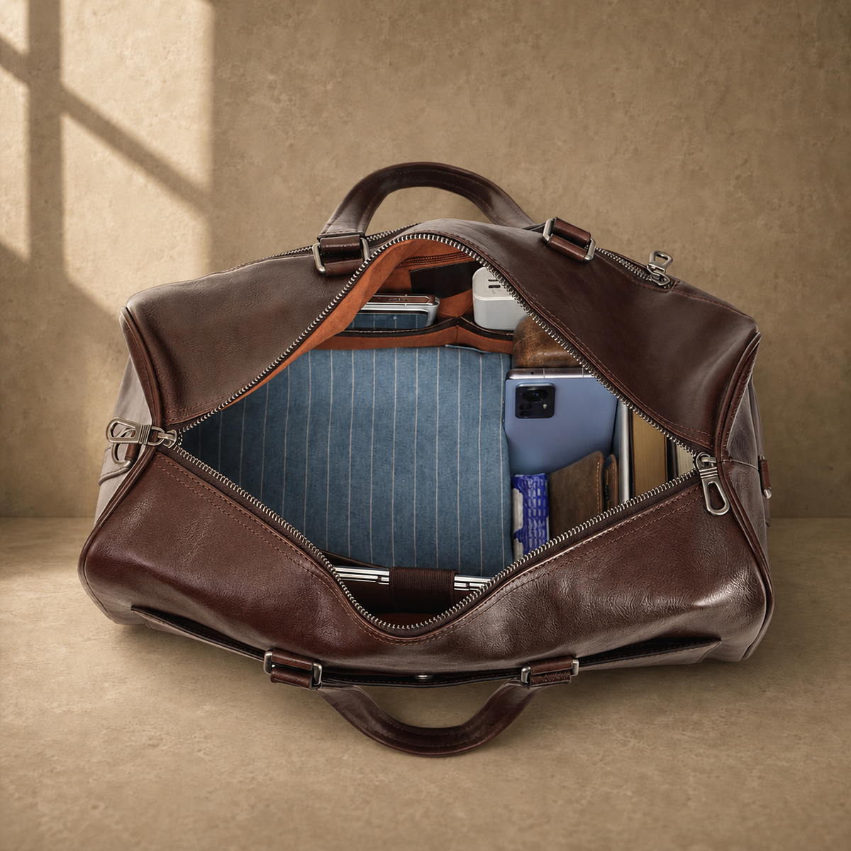 Coffee-brown executive travel duffel showing laptop and packed capacity