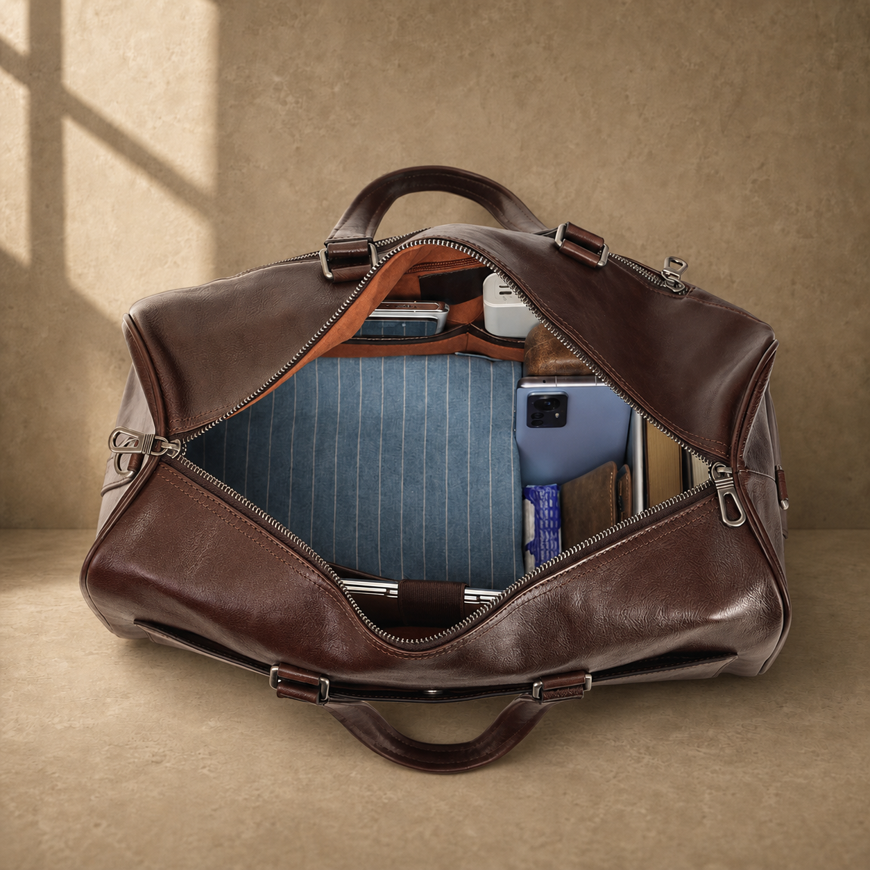 Coffee-brown executive travel duffel showing laptop and packed capacity