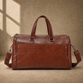 Dark-brown refined travel duffel with removable shoulder strap, front view