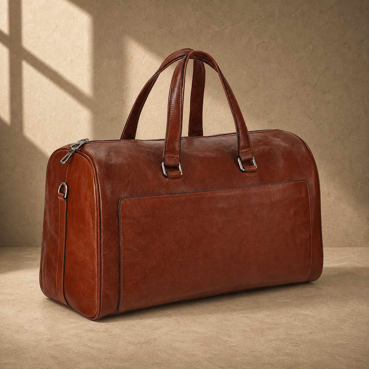 Dark-brown refined travel duffel, three-quarter front view