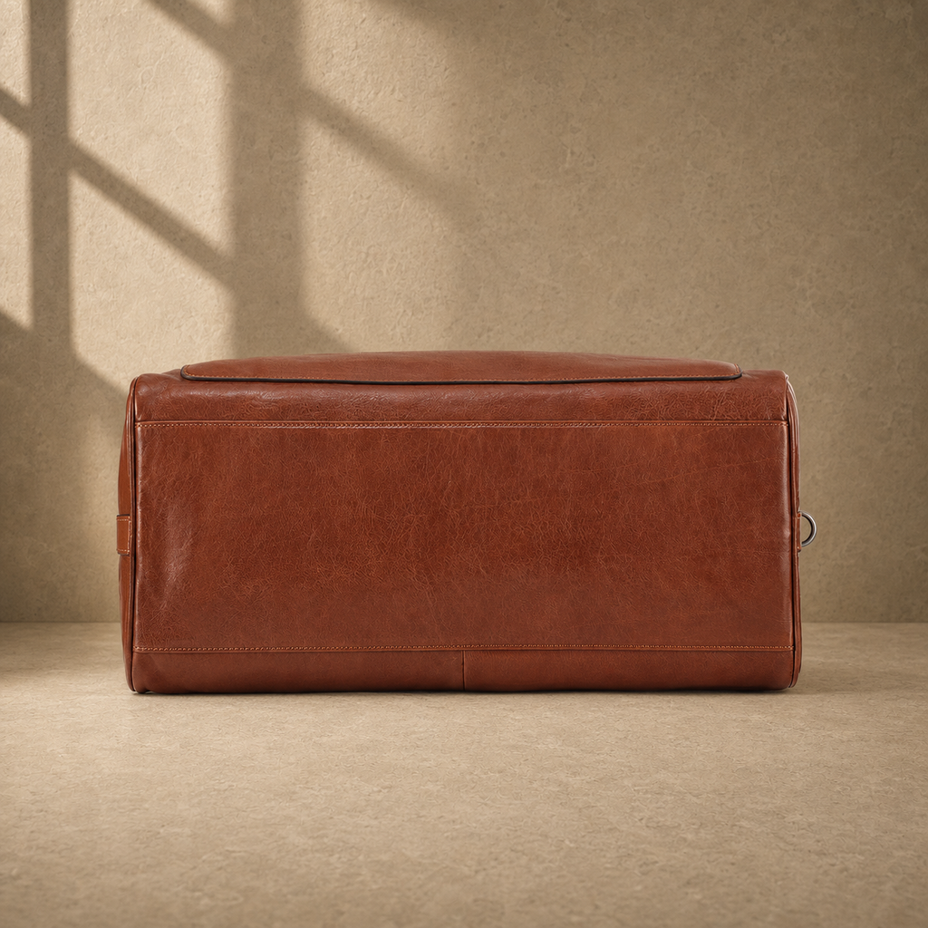 Dark-brown refined travel duffel, reinforced base view