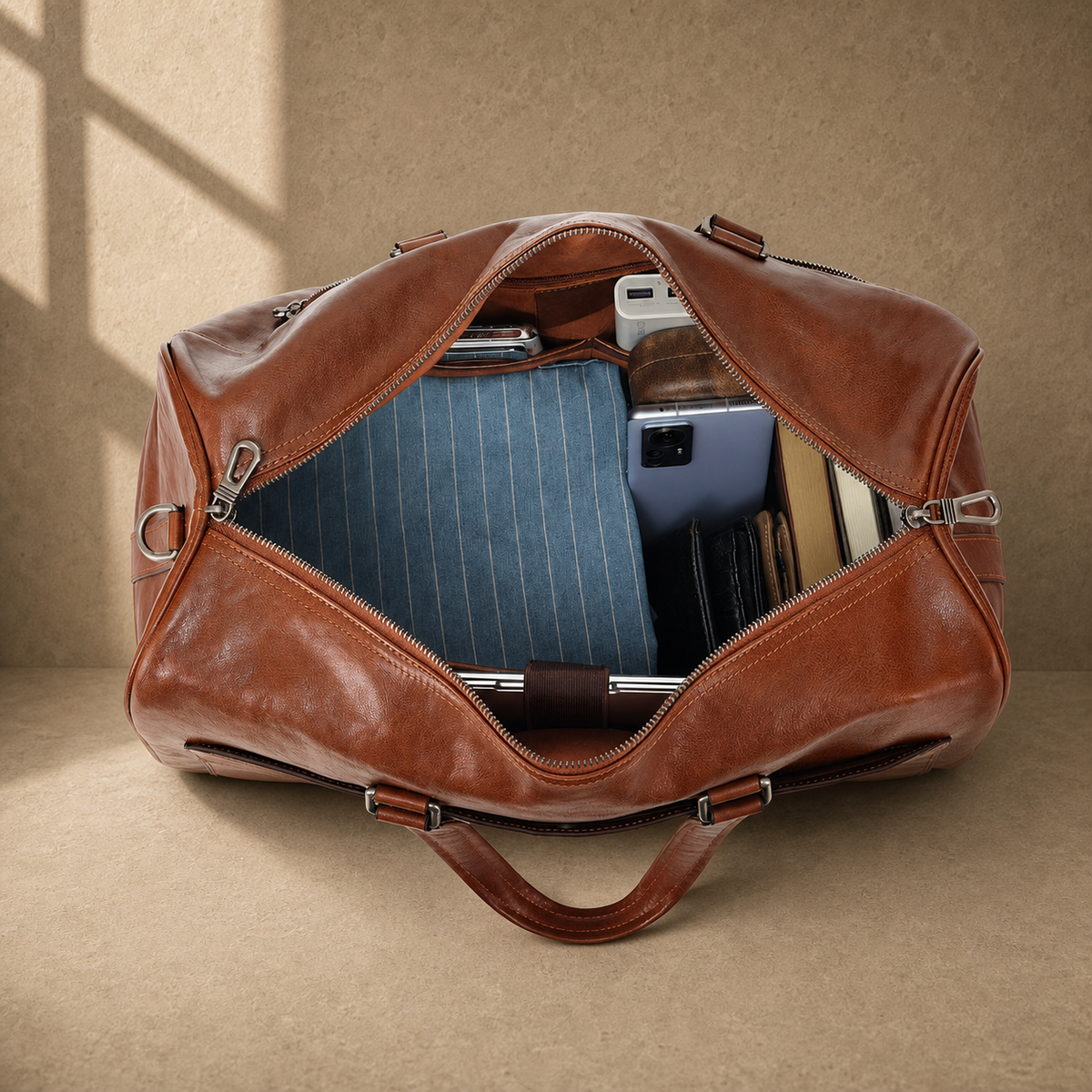 Dark-brown refined travel duffel showing laptop and packed capacity