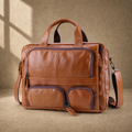 Cognac multi-pocket laptop briefcase front three-quarter view