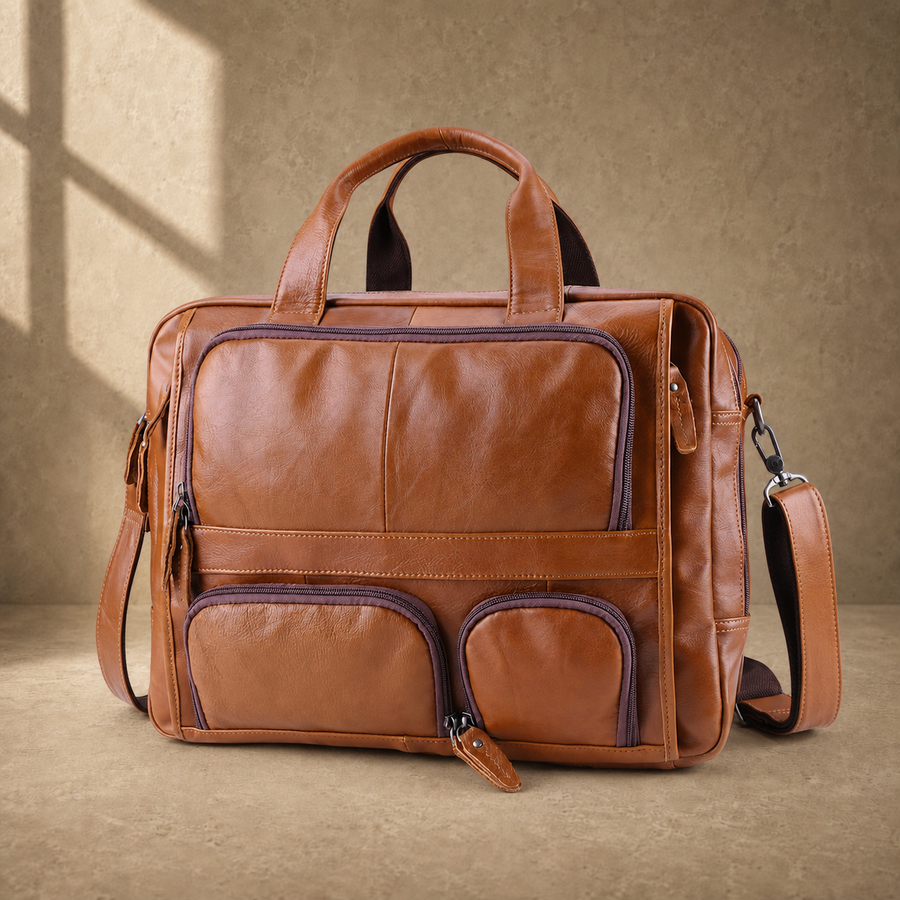 Cognac multi-pocket laptop briefcase front three-quarter view