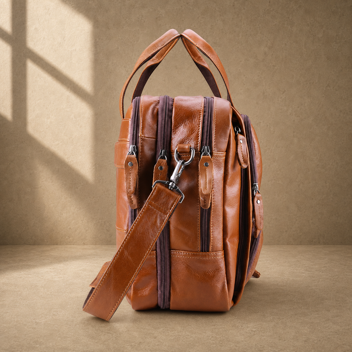 Cognac multi-pocket laptop briefcase side profile with shoulder strap