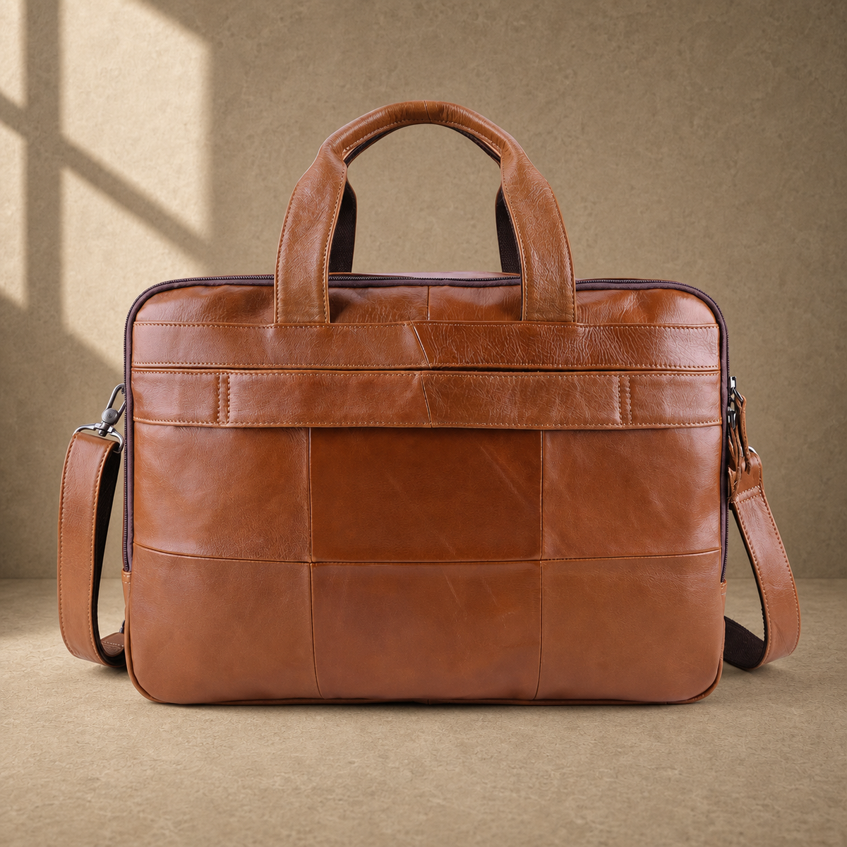 Cognac multi-pocket laptop briefcase rear view