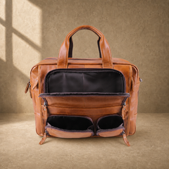 Cognac multi-pocket laptop briefcase open front storage