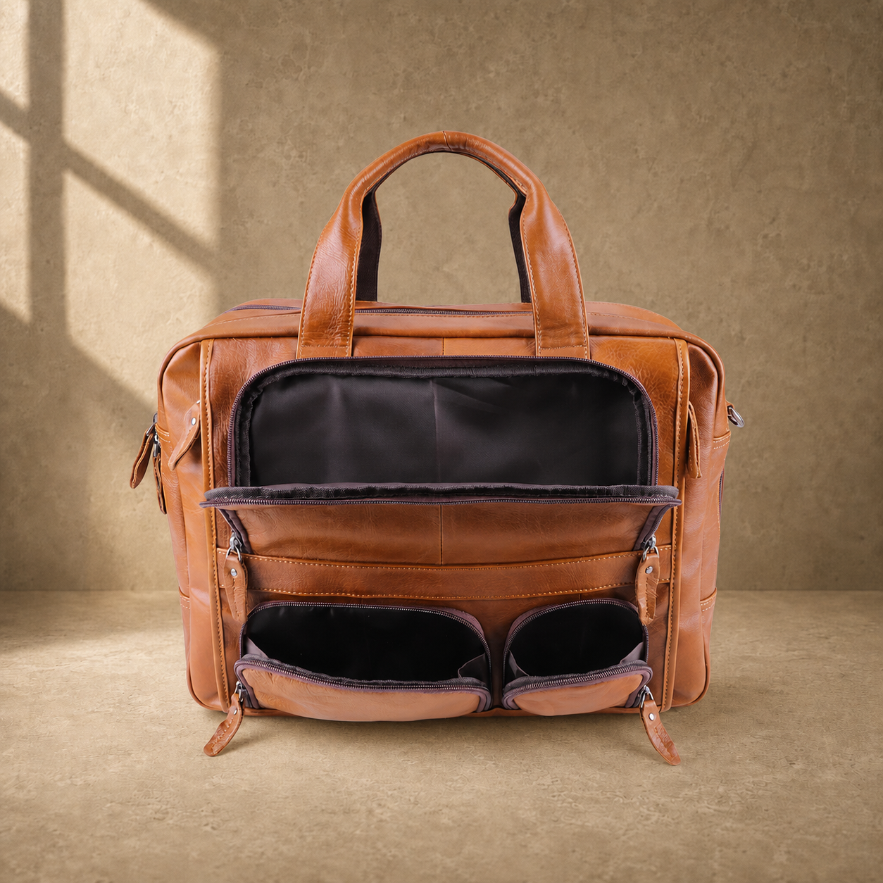 Cognac multi-pocket laptop briefcase open front storage