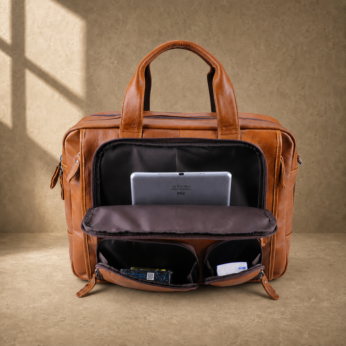 Cognac multi-pocket laptop briefcase front pockets with tablet