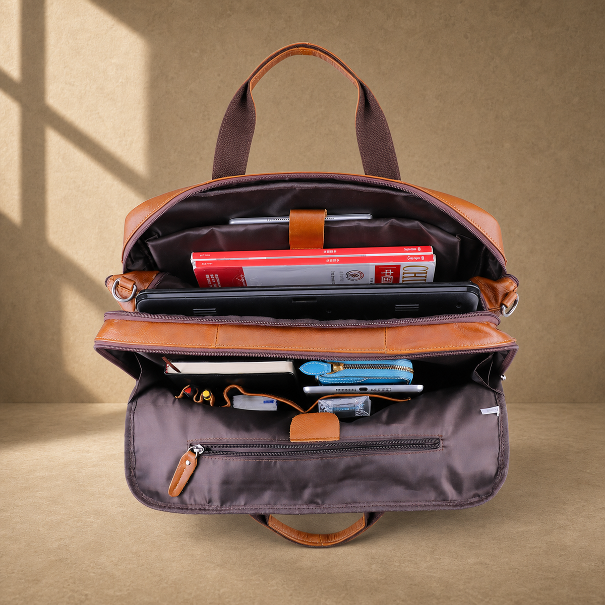 Cognac multi-pocket laptop briefcase packed interior organization
