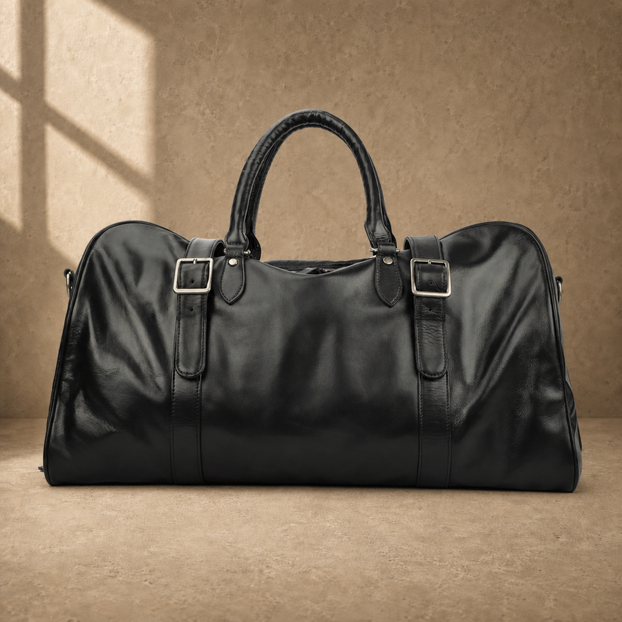 Black classic overnighter travel bag front view