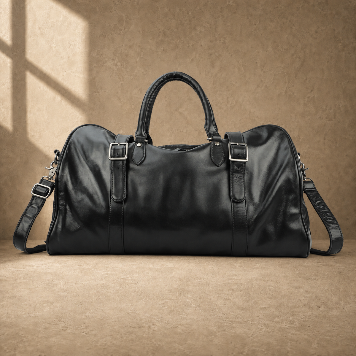 Black classic overnighter travel bag front view with shoulder strap