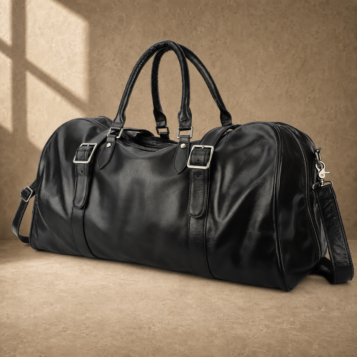 Black classic overnighter travel bag angled front view