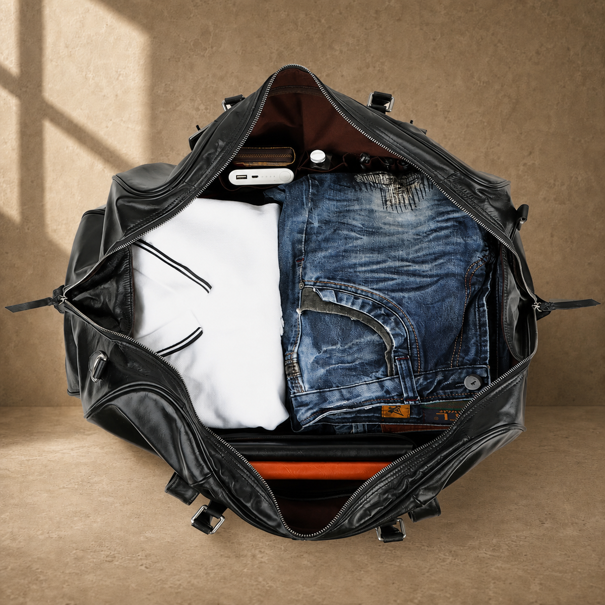Black classic overnighter travel bag packed interior capacity view