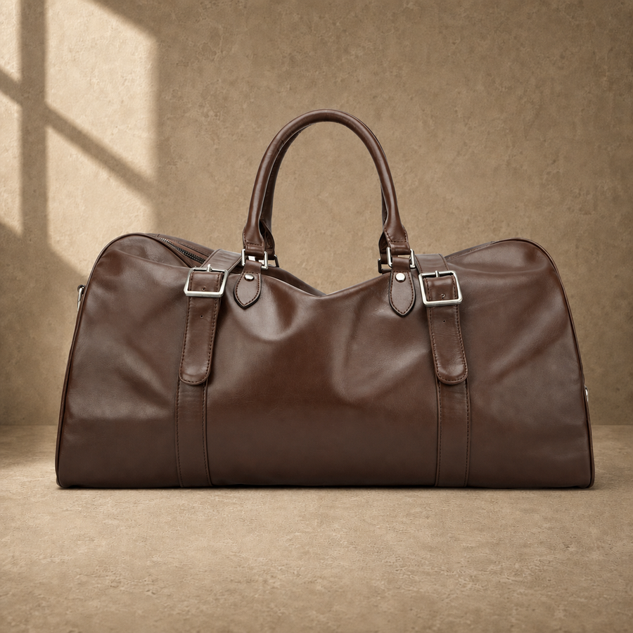 Brown classic overnighter travel bag front three-quarter view