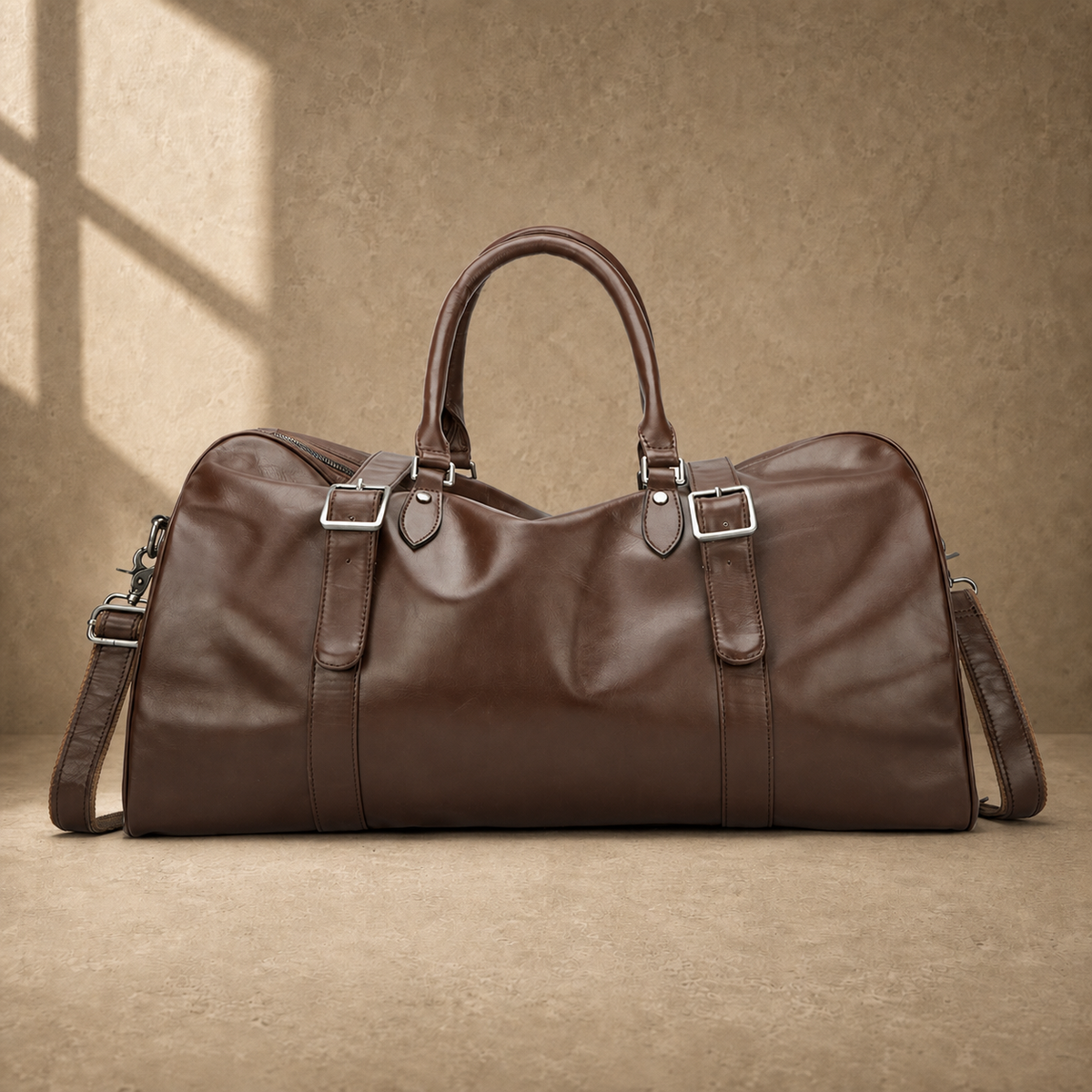Brown classic overnighter travel bag front view with shoulder strap