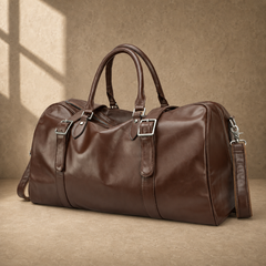 Brown classic overnighter travel bag angled front view