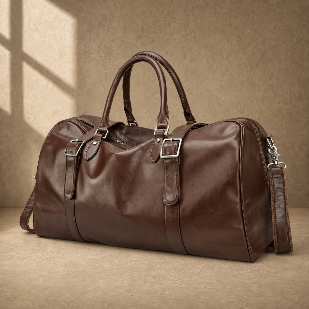 Brown classic overnighter travel bag angled front view