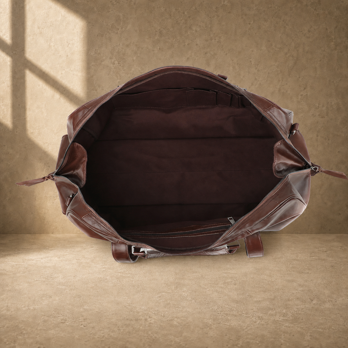 Brown classic overnighter travel bag empty interior organization