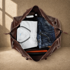 Brown classic overnighter travel bag packed interior capacity view