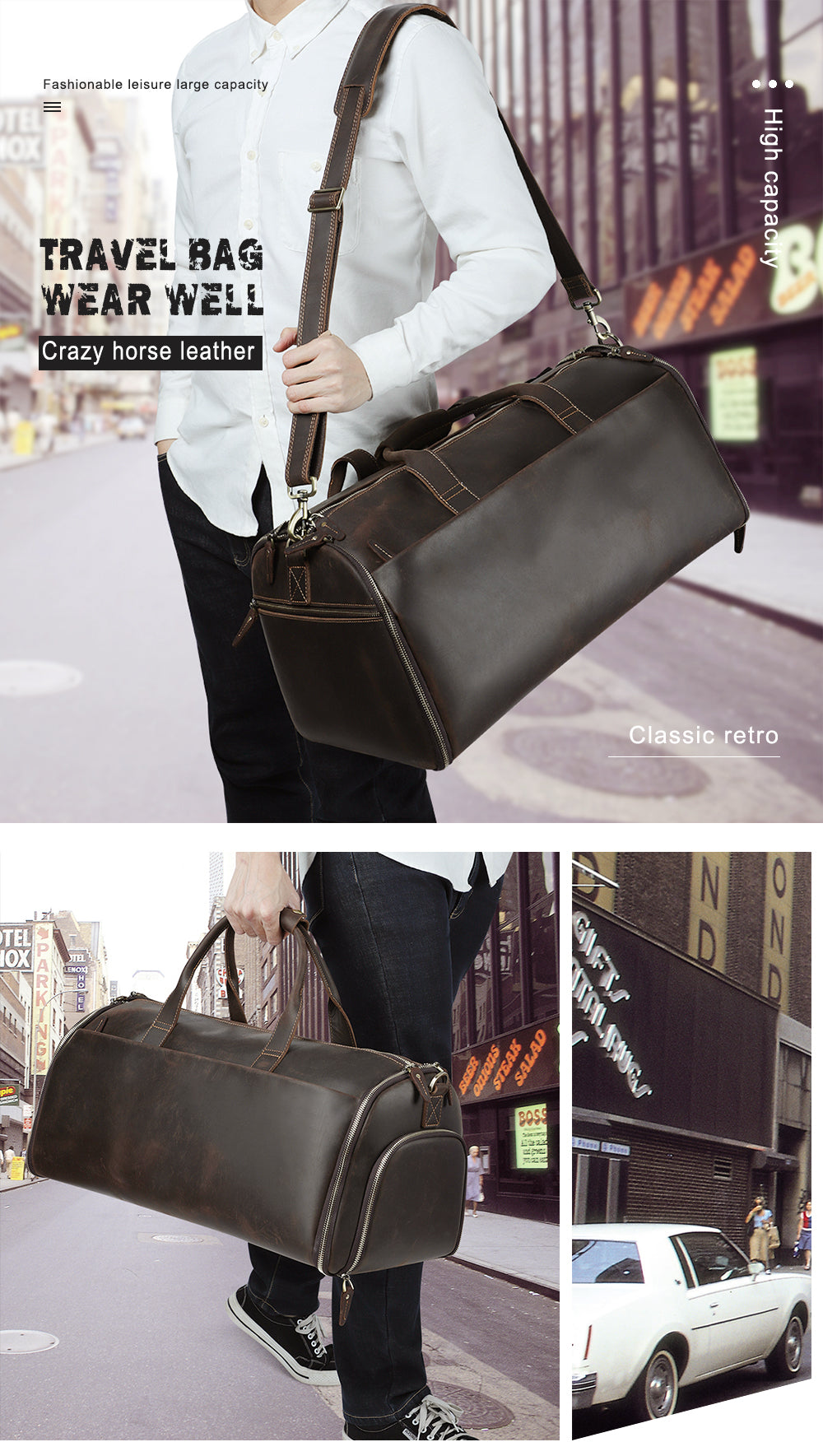 Front product view of The Passage Long Leather Travel Bag
