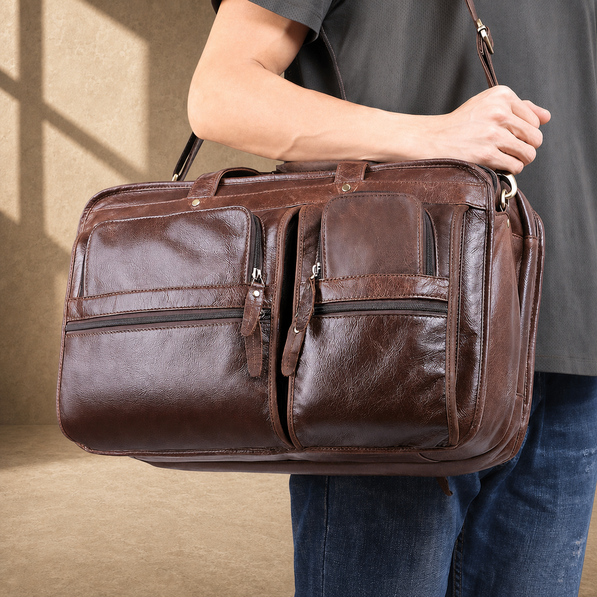 Brown leather multi-pocket briefcase carried by shoulder strap