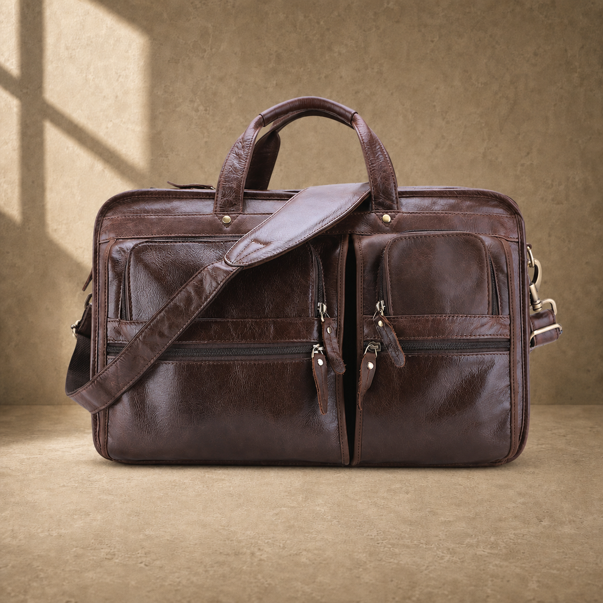 Brown leather multi-pocket briefcase front hero view with shoulder strap