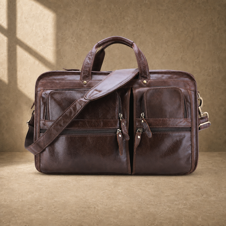 Brown leather multi-pocket briefcase front hero view with shoulder strap