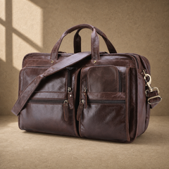 Brown leather multi-pocket briefcase three-quarter front view