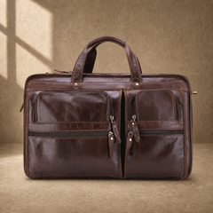 Brown leather multi-pocket briefcase clean front view