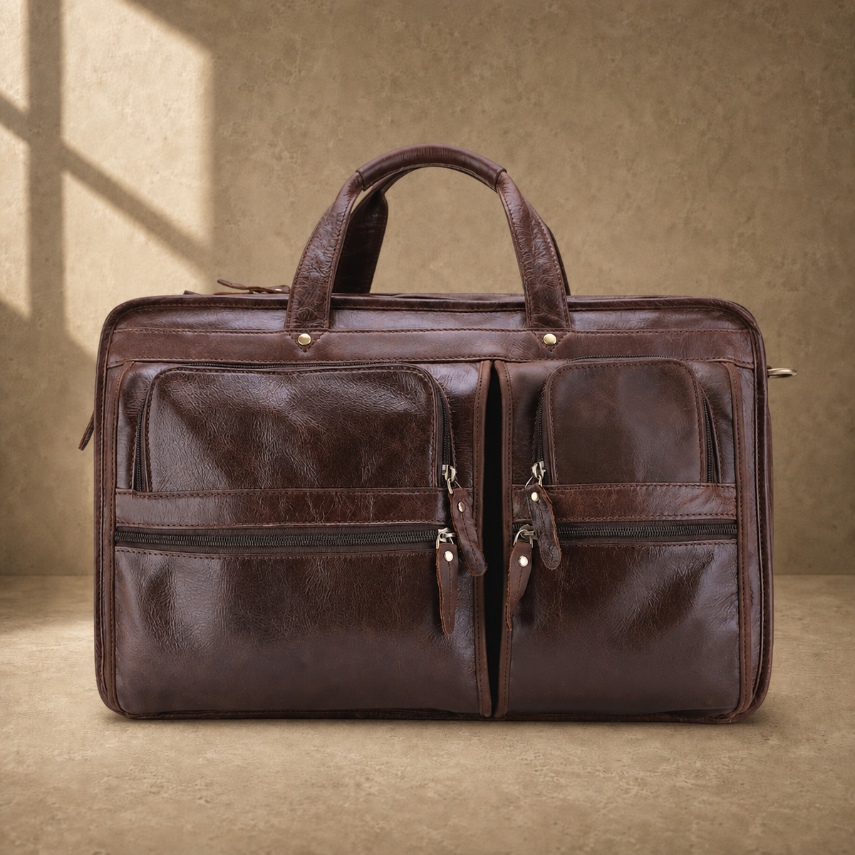 Brown leather multi-pocket briefcase clean front view