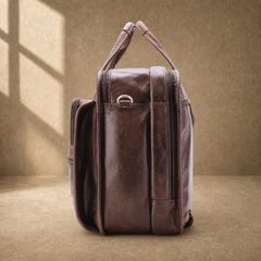 Brown leather multi-pocket briefcase side profile