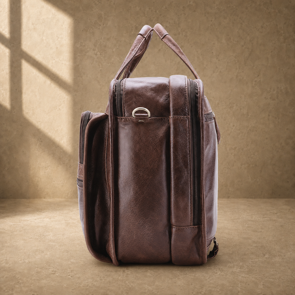 Brown leather multi-pocket briefcase side profile