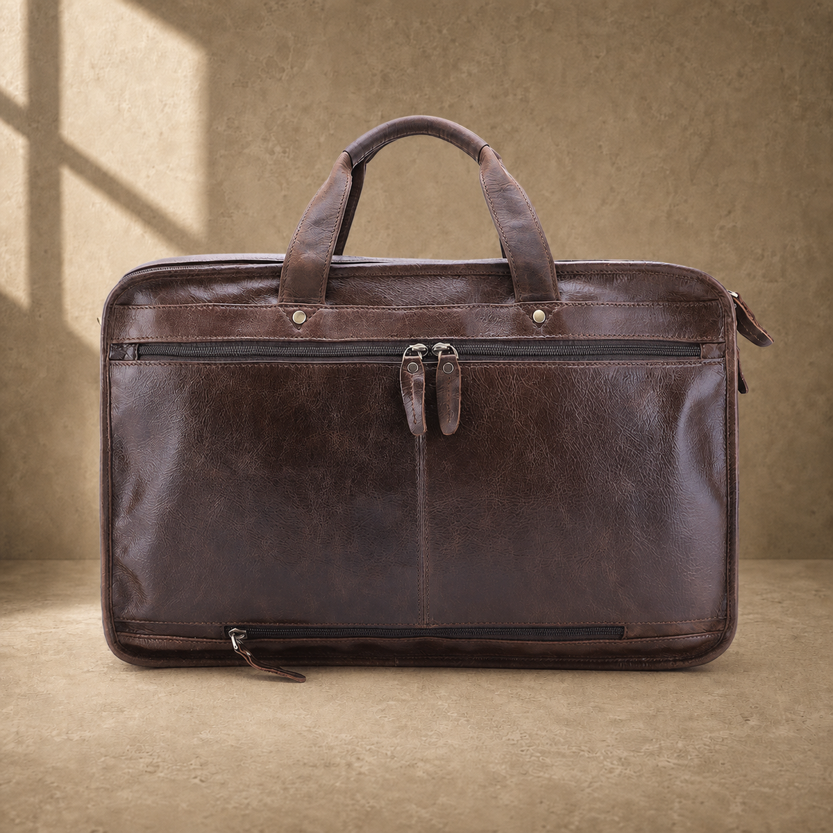 Brown leather multi-pocket briefcase rear view