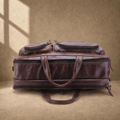 Brown leather multi-pocket briefcase top profile