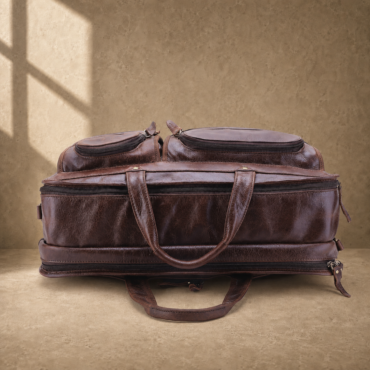 Brown leather multi-pocket briefcase top profile