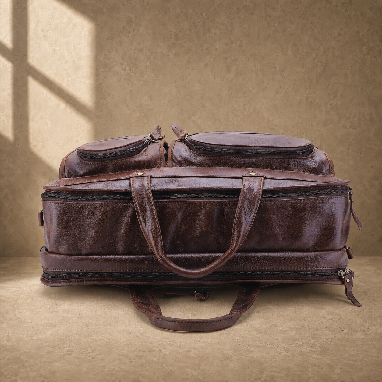 Brown leather multi-pocket briefcase top profile