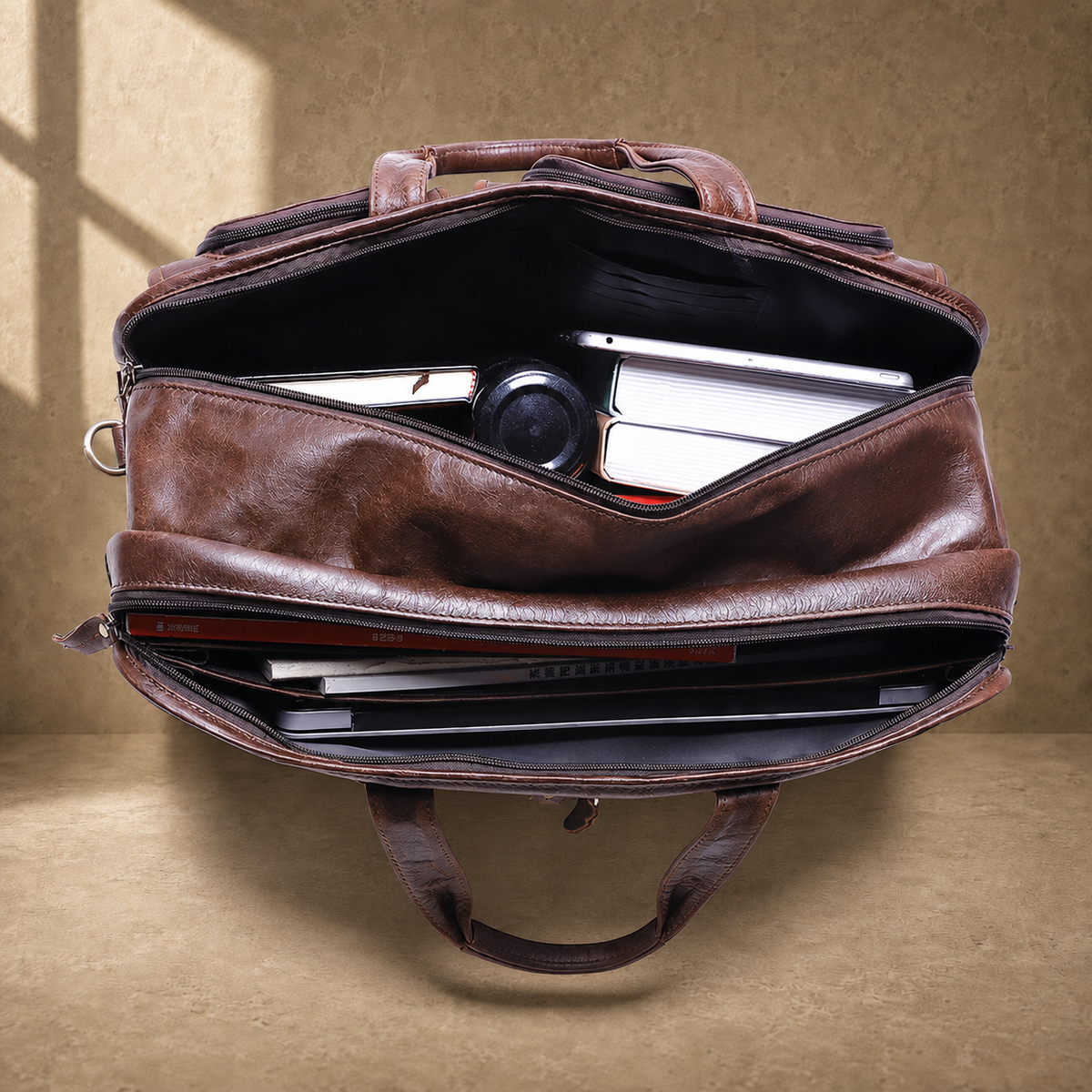 Brown leather multi-pocket briefcase packed 17-inch laptop capacity view