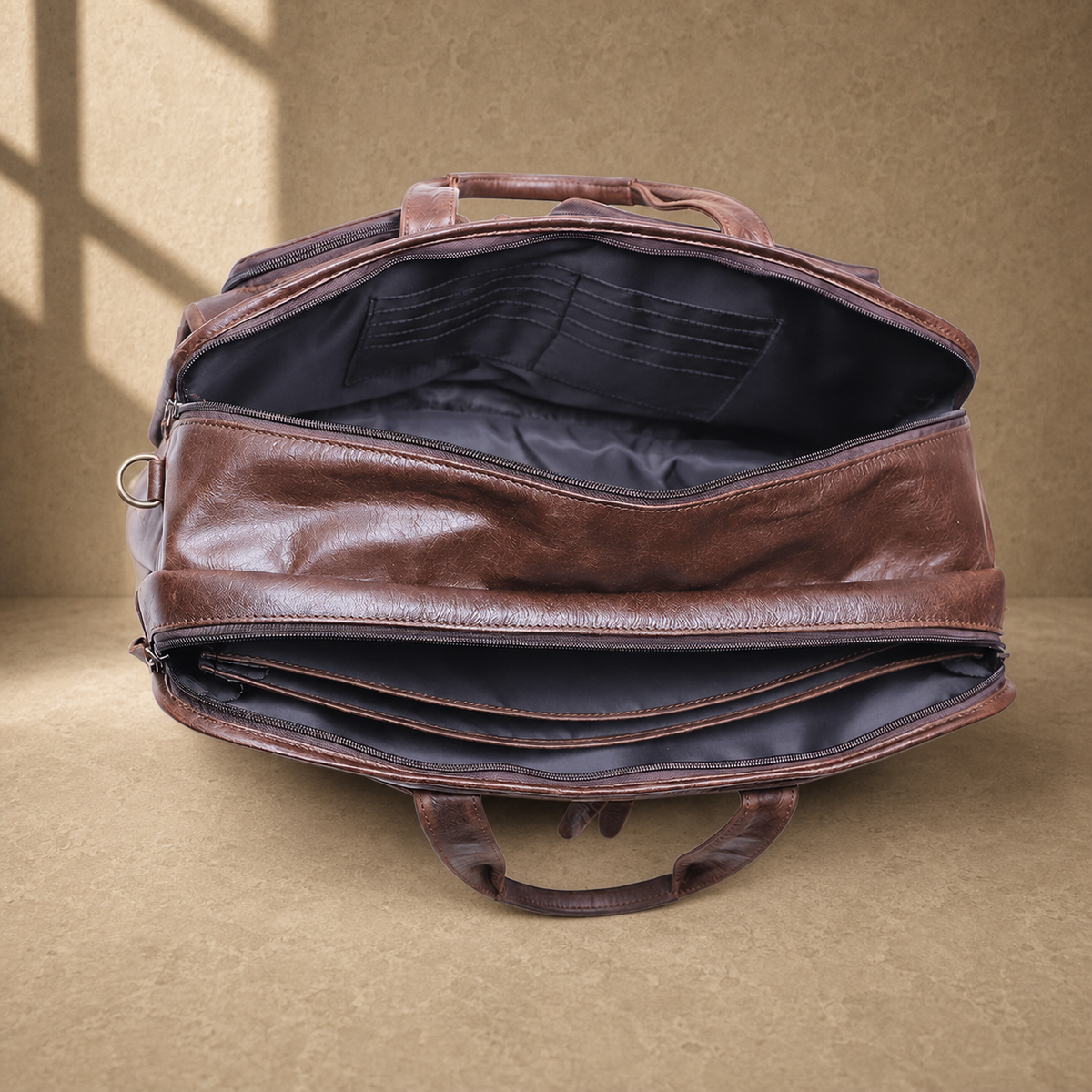 Brown leather multi-pocket briefcase empty interior organization