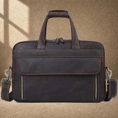 Coffee leather dual-zip business bag front view with shoulder strap
