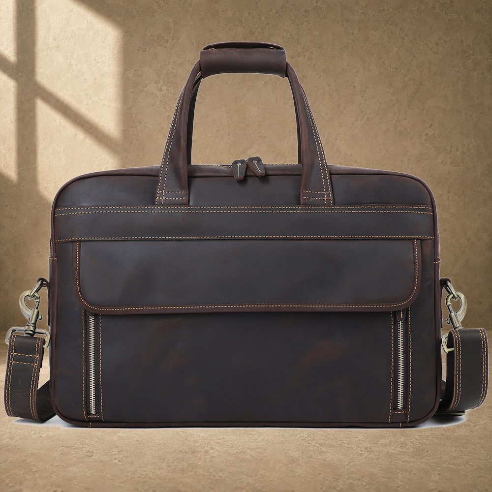 Coffee leather dual-zip business bag front view with shoulder strap