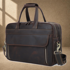 Coffee leather dual-zip business bag three-quarter hero view