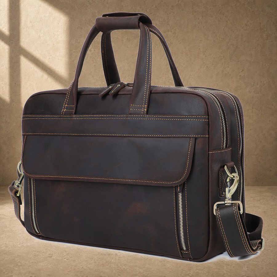 Coffee leather dual-zip business bag three-quarter hero view