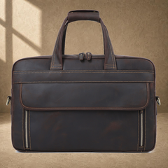 Coffee leather dual-zip business bag clean front view