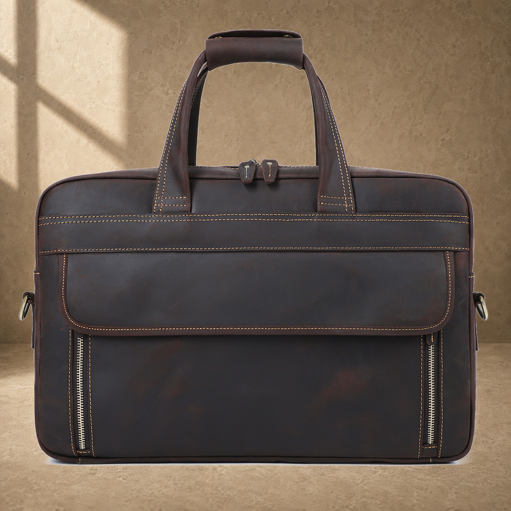Coffee leather dual-zip business bag clean front view