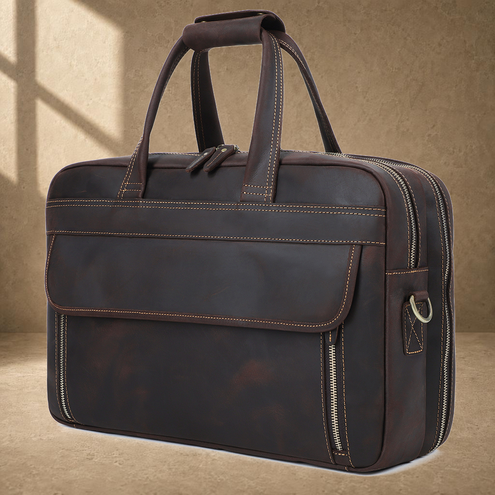 Coffee leather dual-zip business bag angled front profile