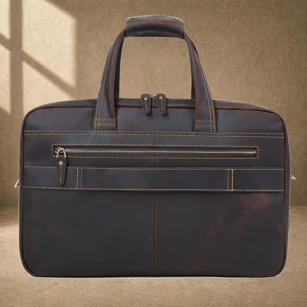 Coffee leather dual-zip business bag rear luggage sleeve view