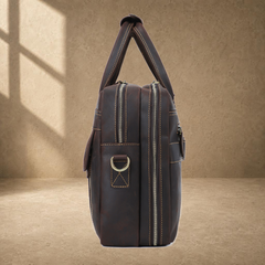 Coffee leather dual-zip business bag side profile