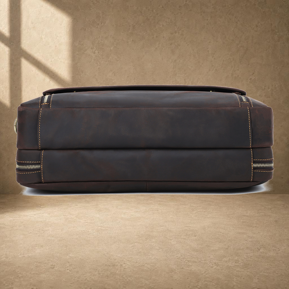 Coffee leather dual-zip business bag reinforced base view